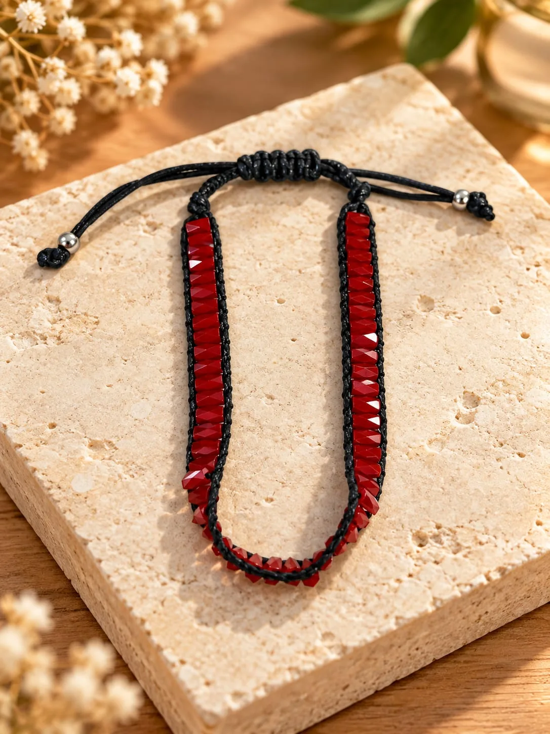 Pulsera de Cristal Rojo con Hilo Negro