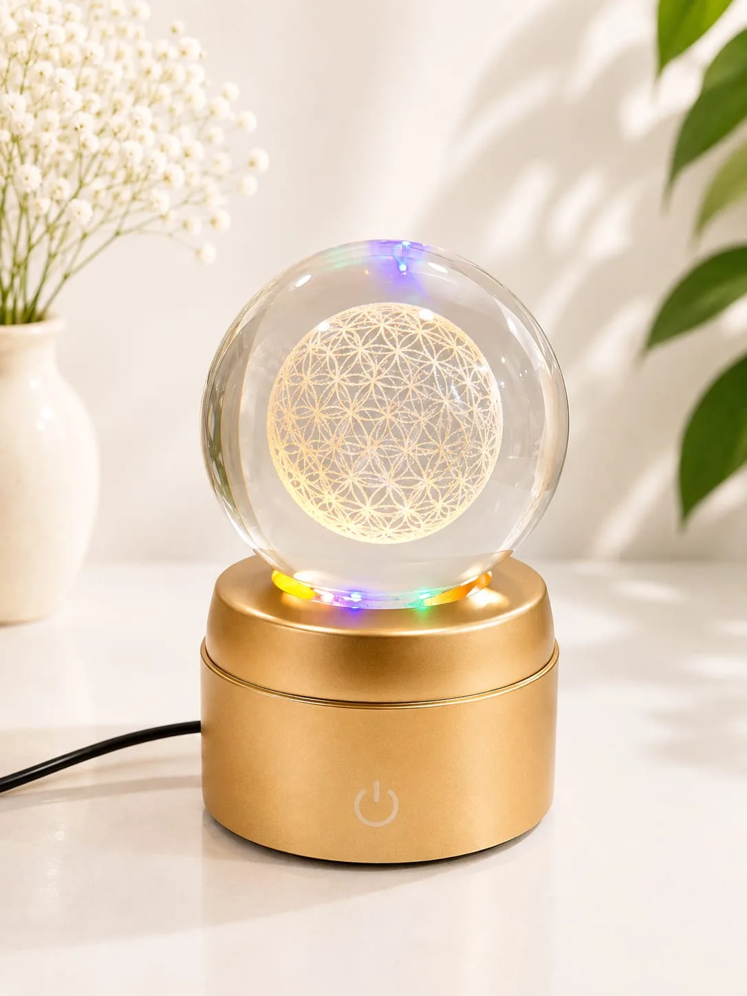 Lampara de Mesa Bola de Cristal Giratorio Flor de la Vida con Base Dorada