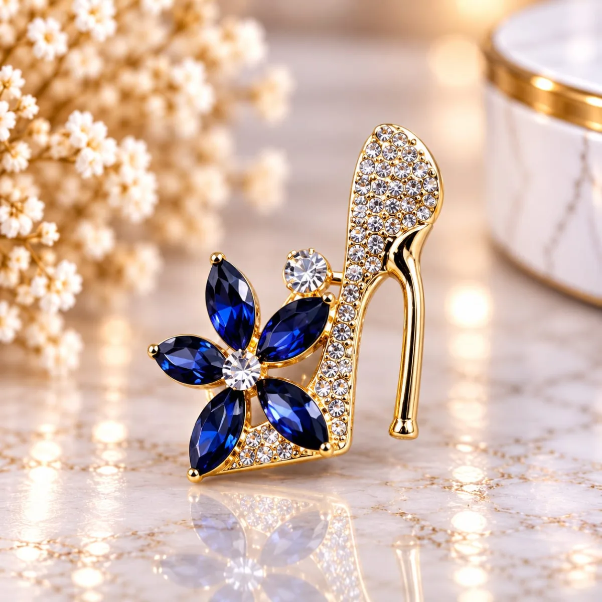 Prendedor de Zapato de Tacón con Flor Azul