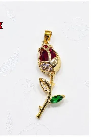 Colgante de Rodio - Rosa roja con hoja verde