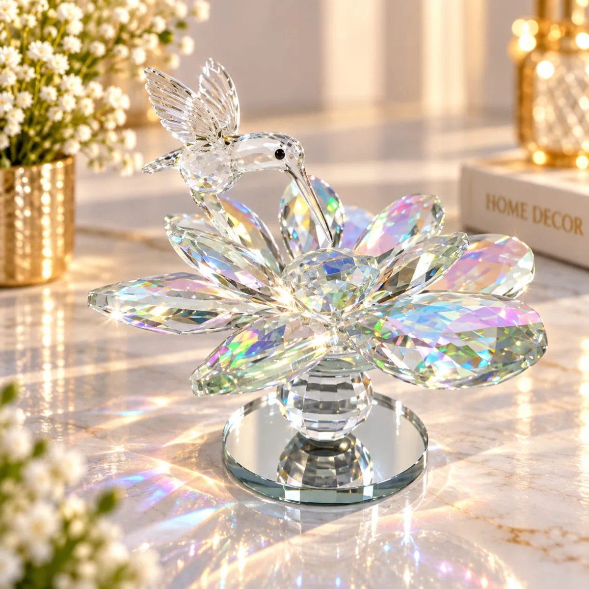 Flor de Loto de Cristal Giratoria con Colibrí