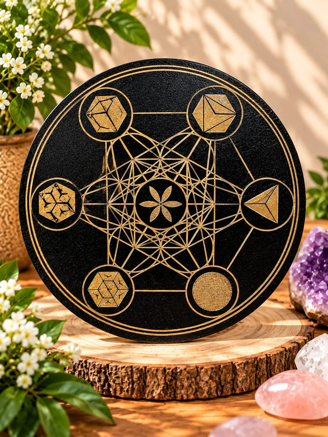 Rejilla de Madera Negra Cubo de Metatrón y Sólidos Platónicos 30x30 cm