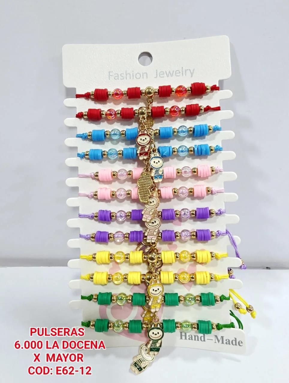 Pack 12 Pulsera Infantil de Discos Fimo Multicolores con Cuentas Traslúcidas y Dije Colgante