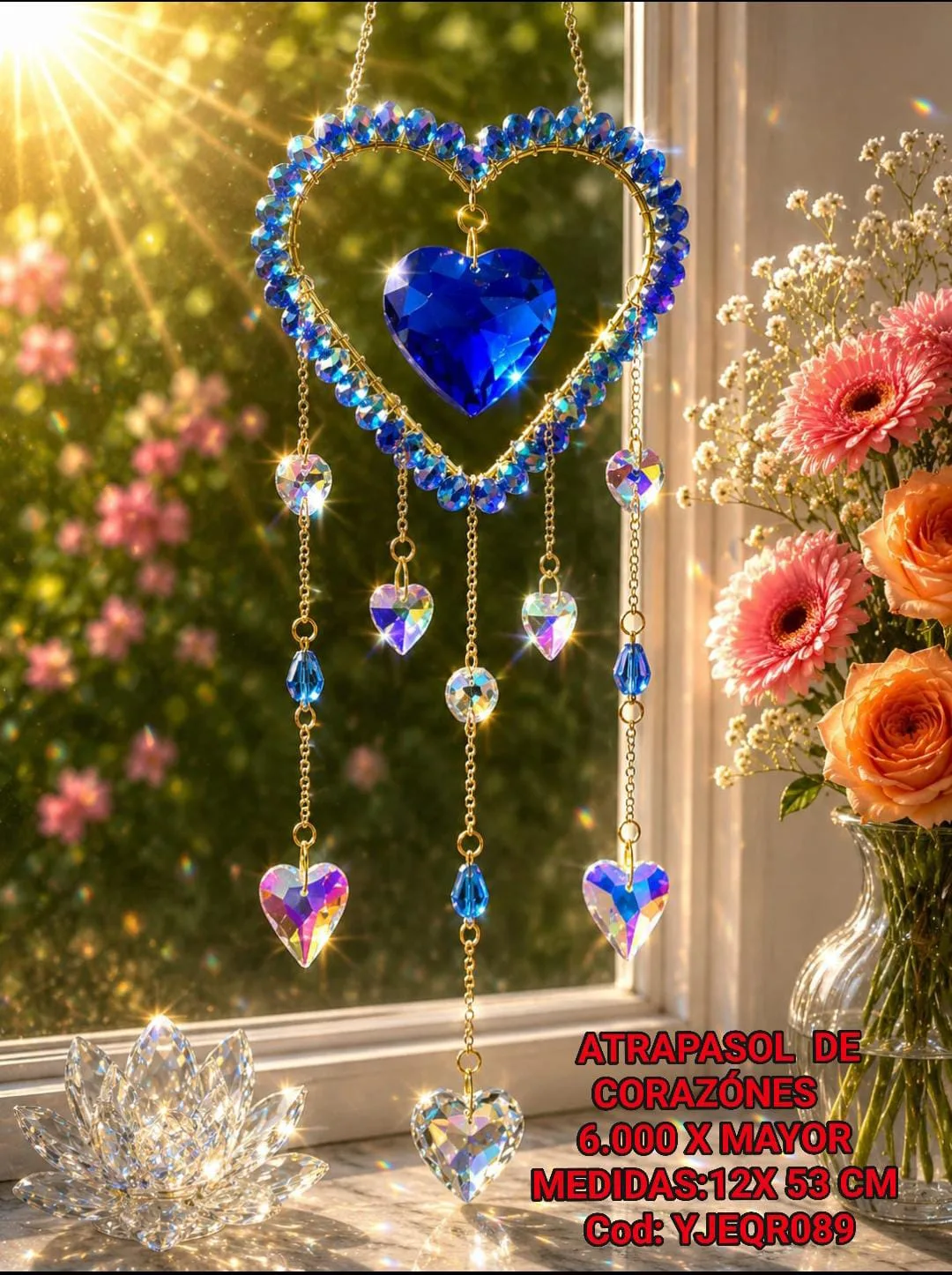 Atrapasoles Corazón Azul Zafiro con Perlas de Cristal, Prisma Central y Cadenas con Dijes de Corazón