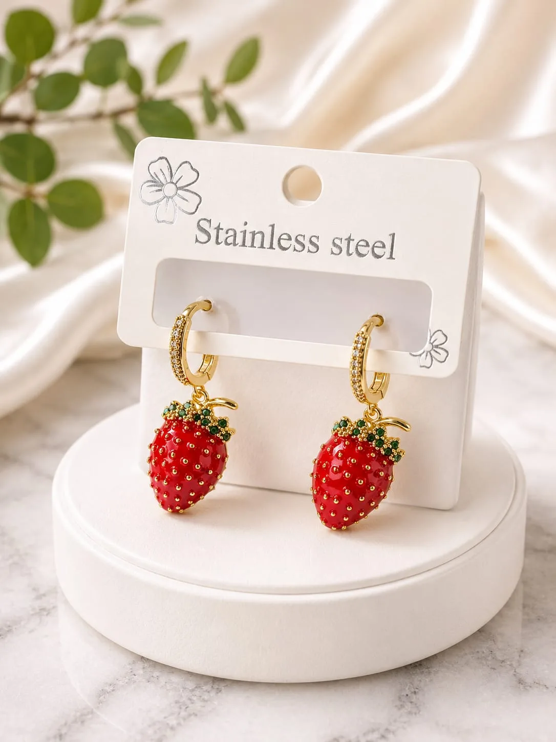 Aros de Acero - Fresa (Frutilla) Roja con Hojas Verdes