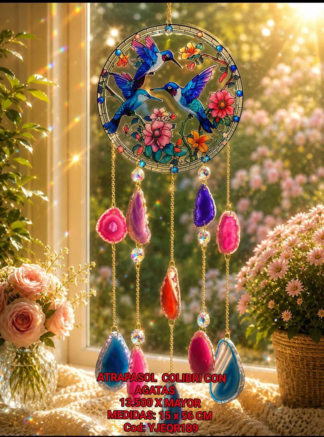 Atrapasoles Circular Colibríes Estilo Vitral con Lluvia de Rodajas de Ágatas Multicolores