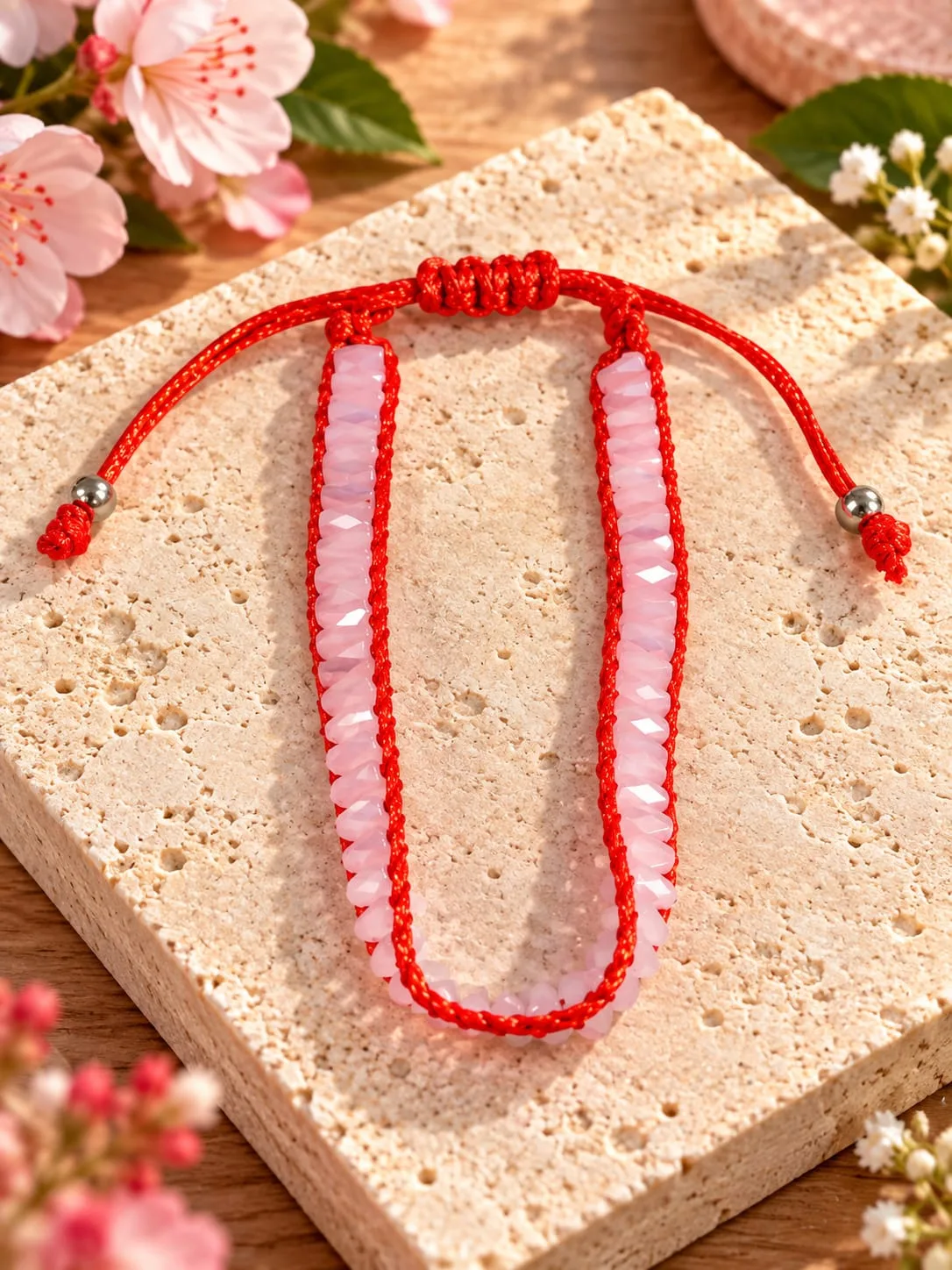 Pulsera de Cristal Rosado con Hilo Rojo
