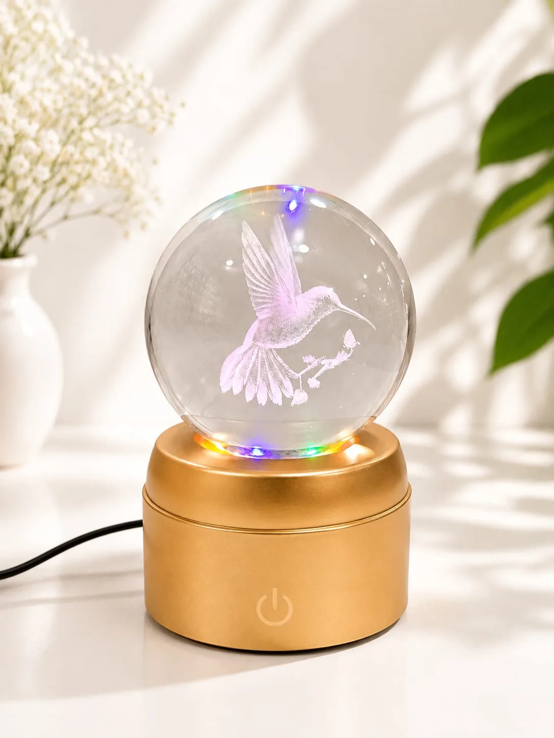 Lampara de Mesa Bola de Cristal Giratorio Colibri con Base Dorada
