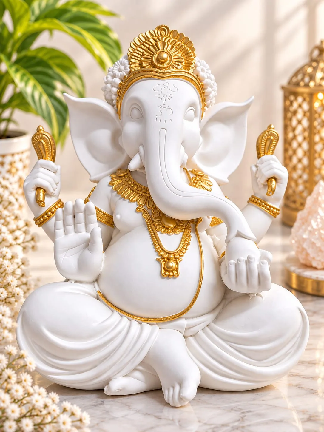 Figura de Ganesha Sentado Blanco y Dorado