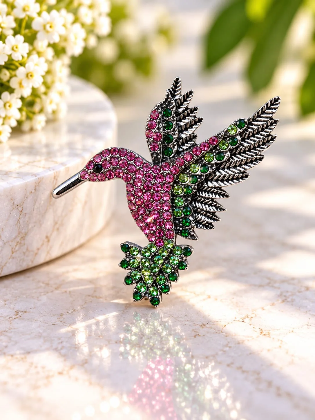 Prendedor de Colibrí con Strass Rosa y Verde
