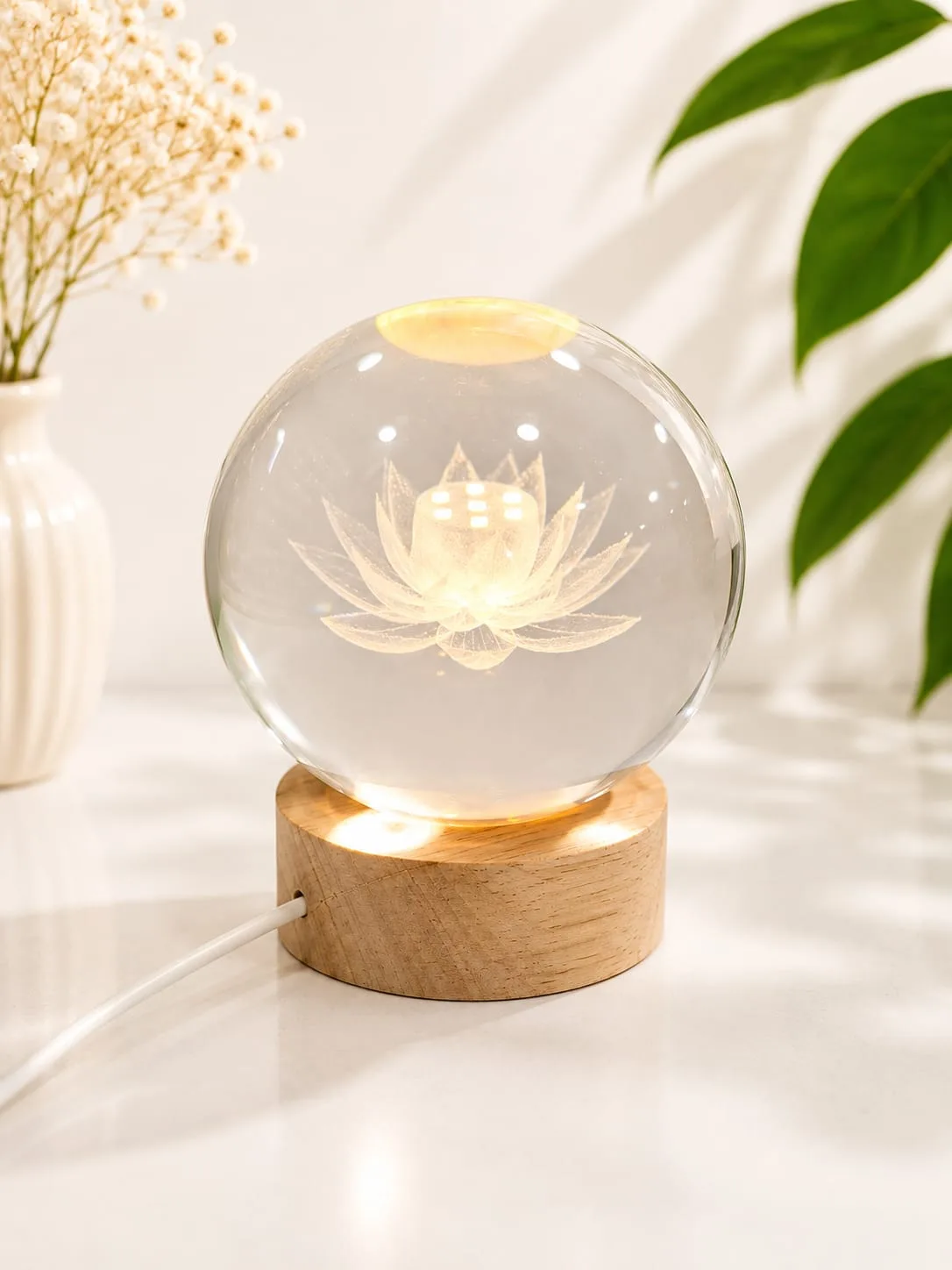Lampara de Mesa Bola de Cristal Flor de Loto con Base de Madera