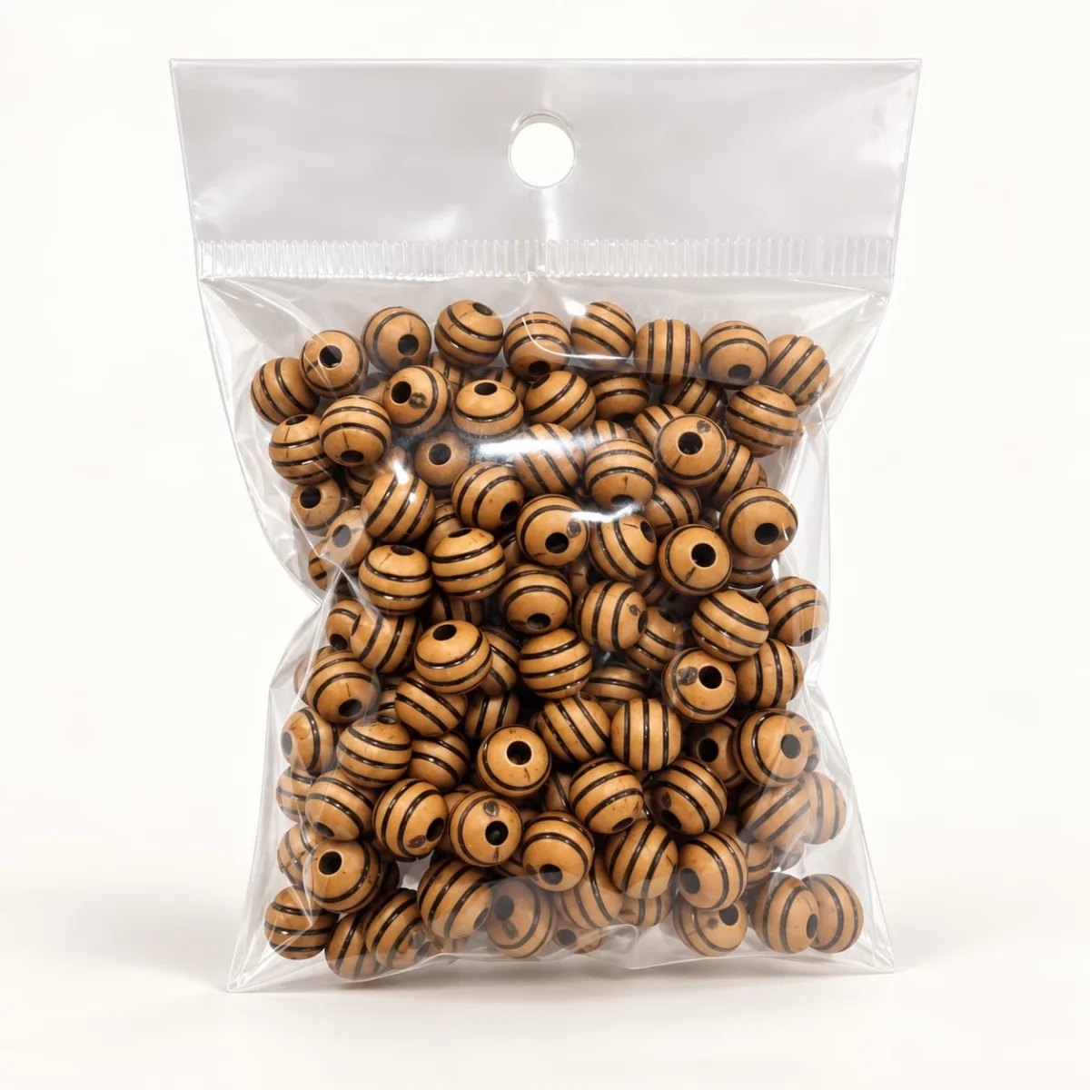Cuenta Acrílica Rayada 8mm Café Claro con Rayas Negras