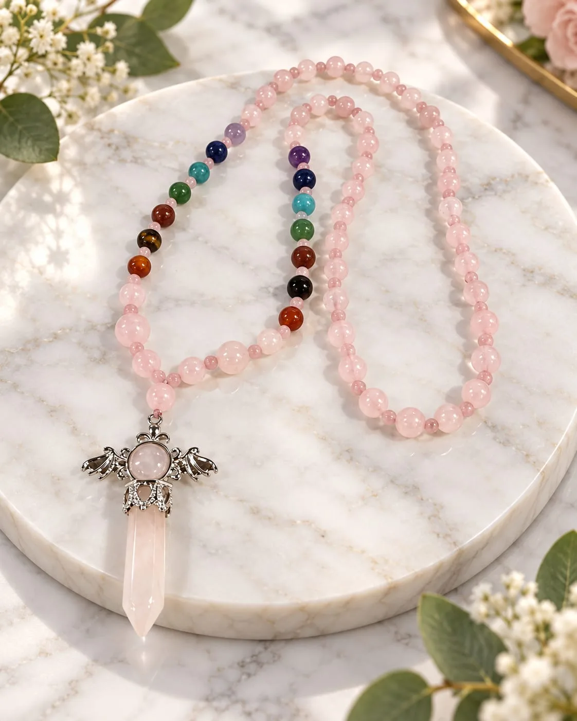 Collar de Cuarzo Rosado con 7 Chakras