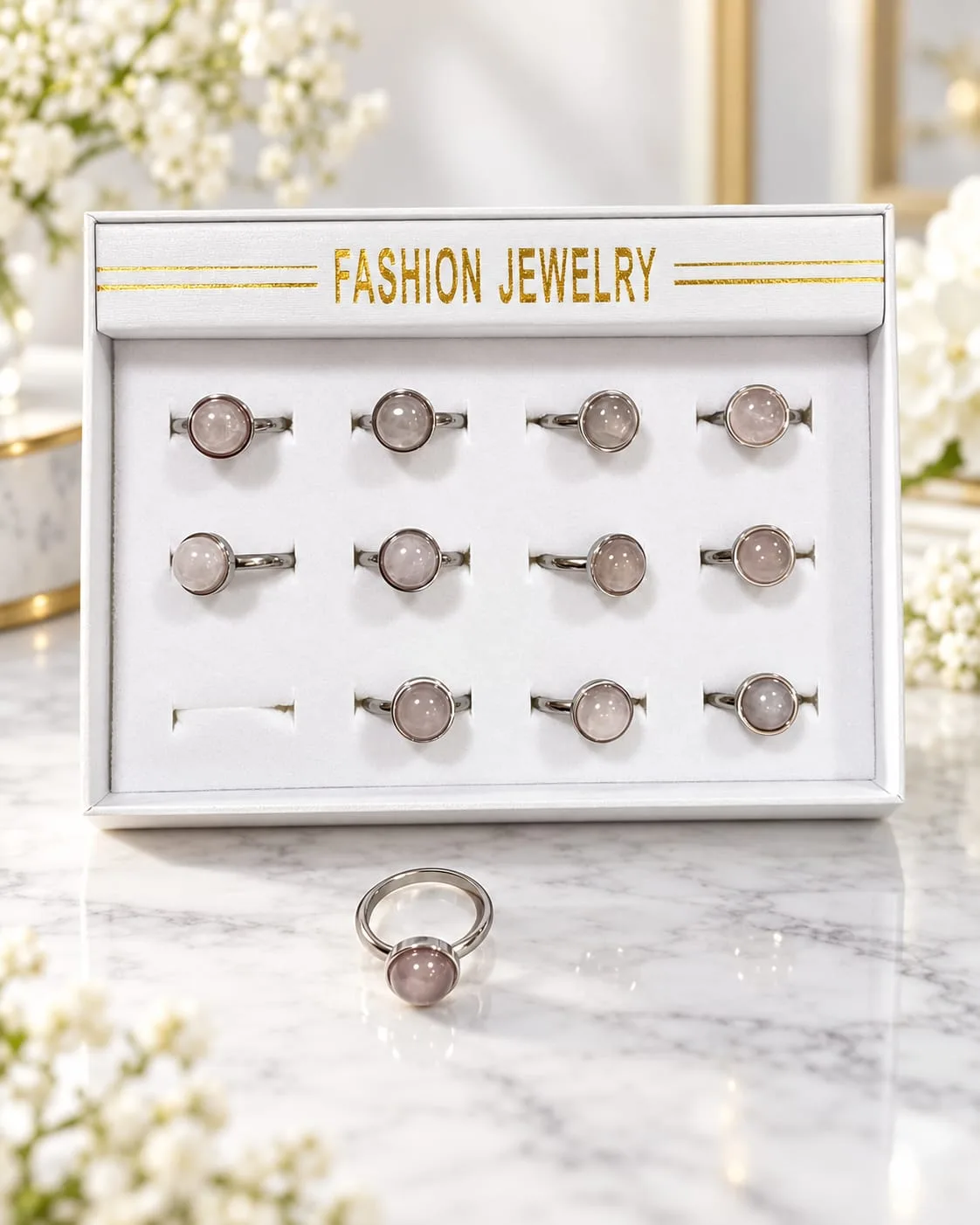Caja de Anillos Ajustables de Acero con Cuarzo Rosado
