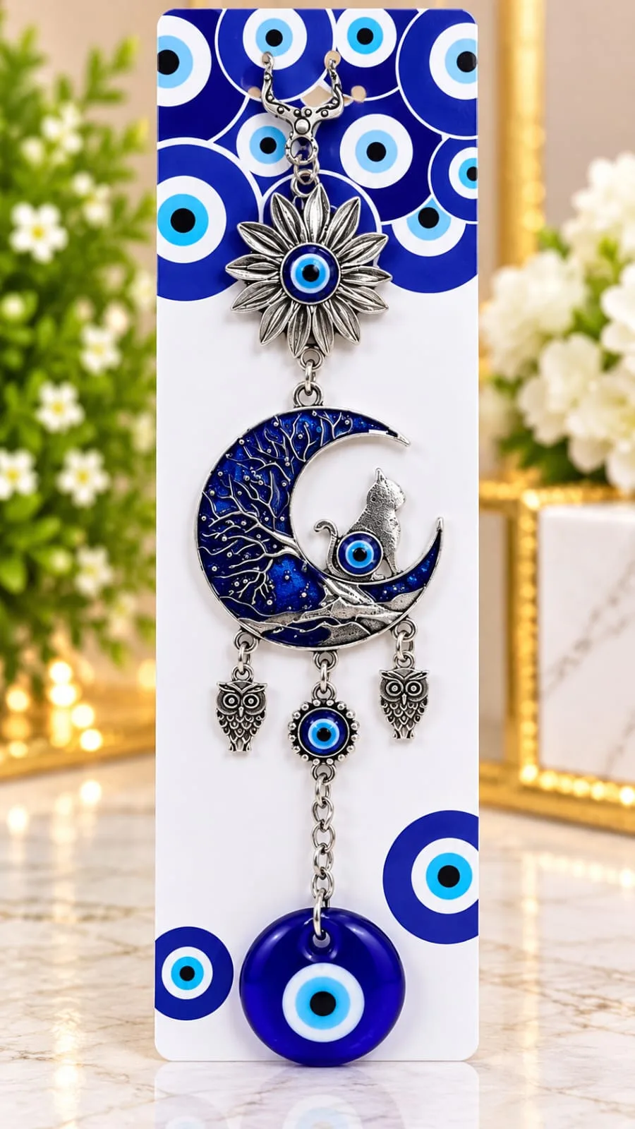 Colgante Luna con Árbol y Ojo Turco de Vidrio
