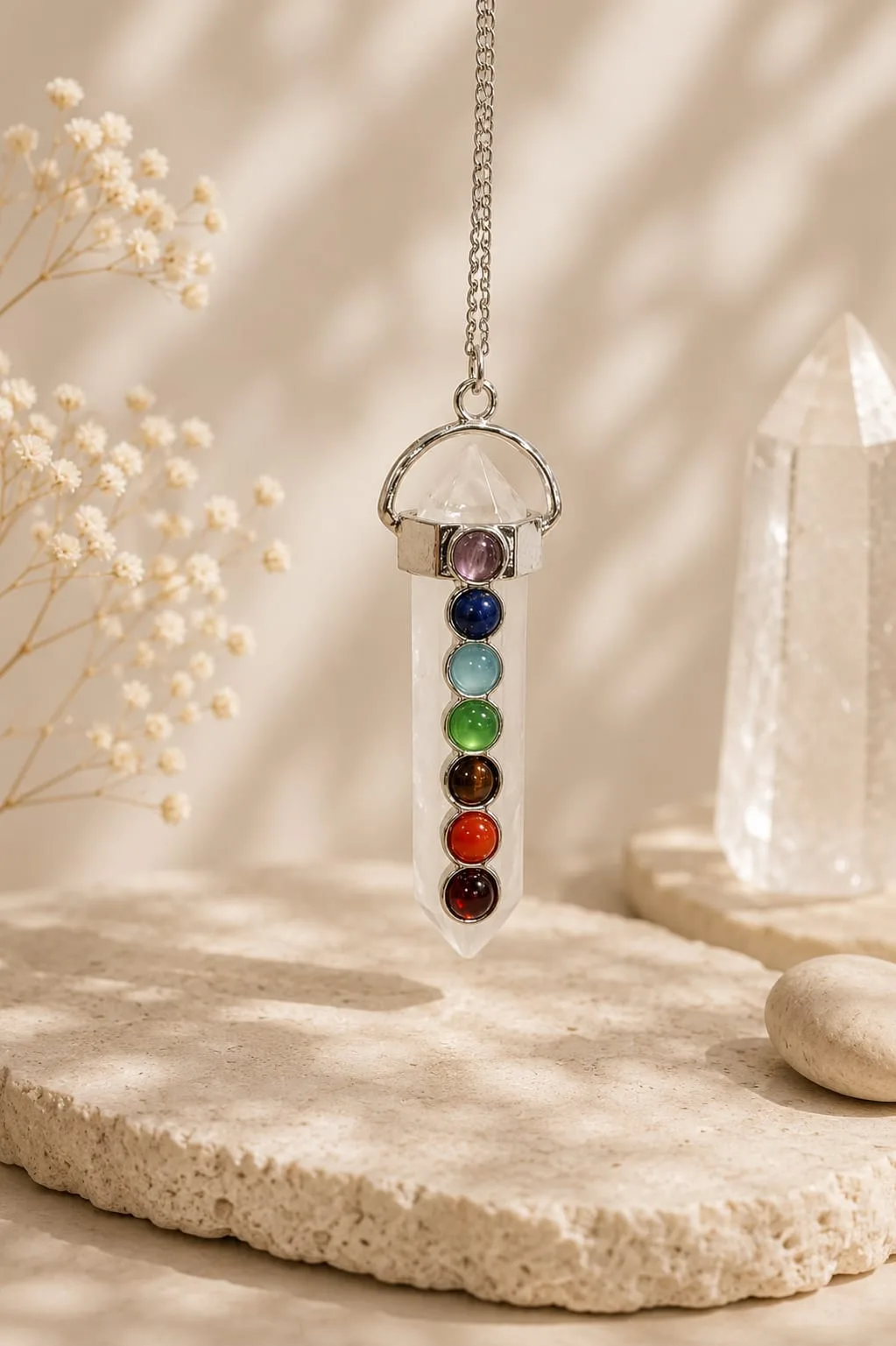 Péndulo con 7 Chakras - Cuarzo Cristal Transparente