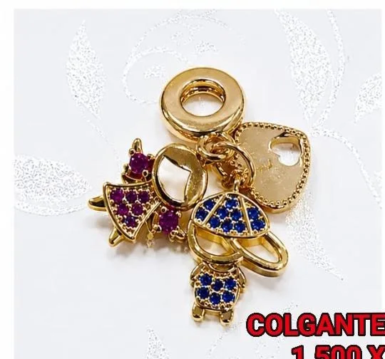 Colgante de Rodio - Charms mixtos (buho, sombrilla, muñeca con circonias azules, corazón)