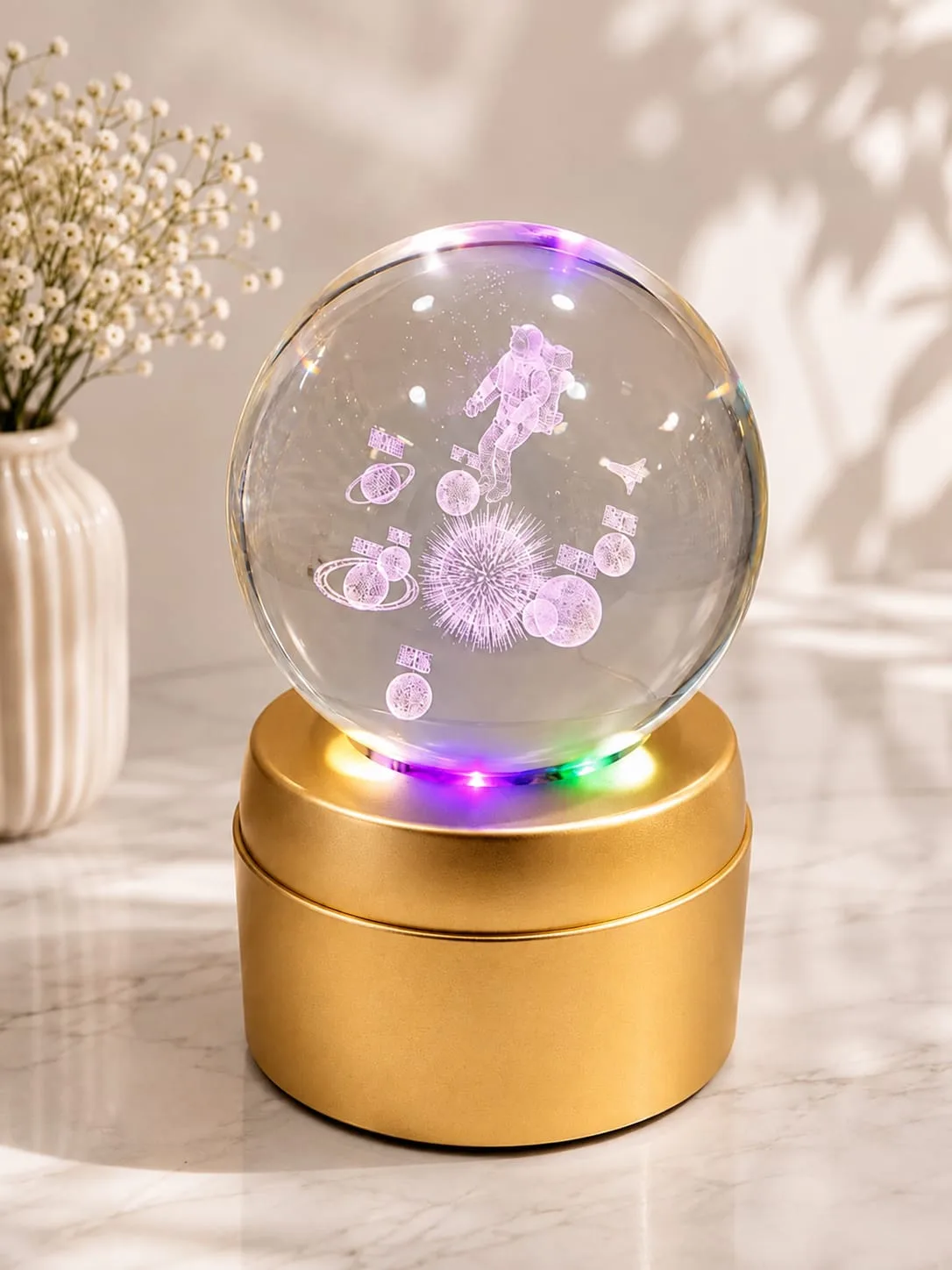 Lampara de Mesa Bola de Cristal Giratorio Sistema Solar con Base Dorada