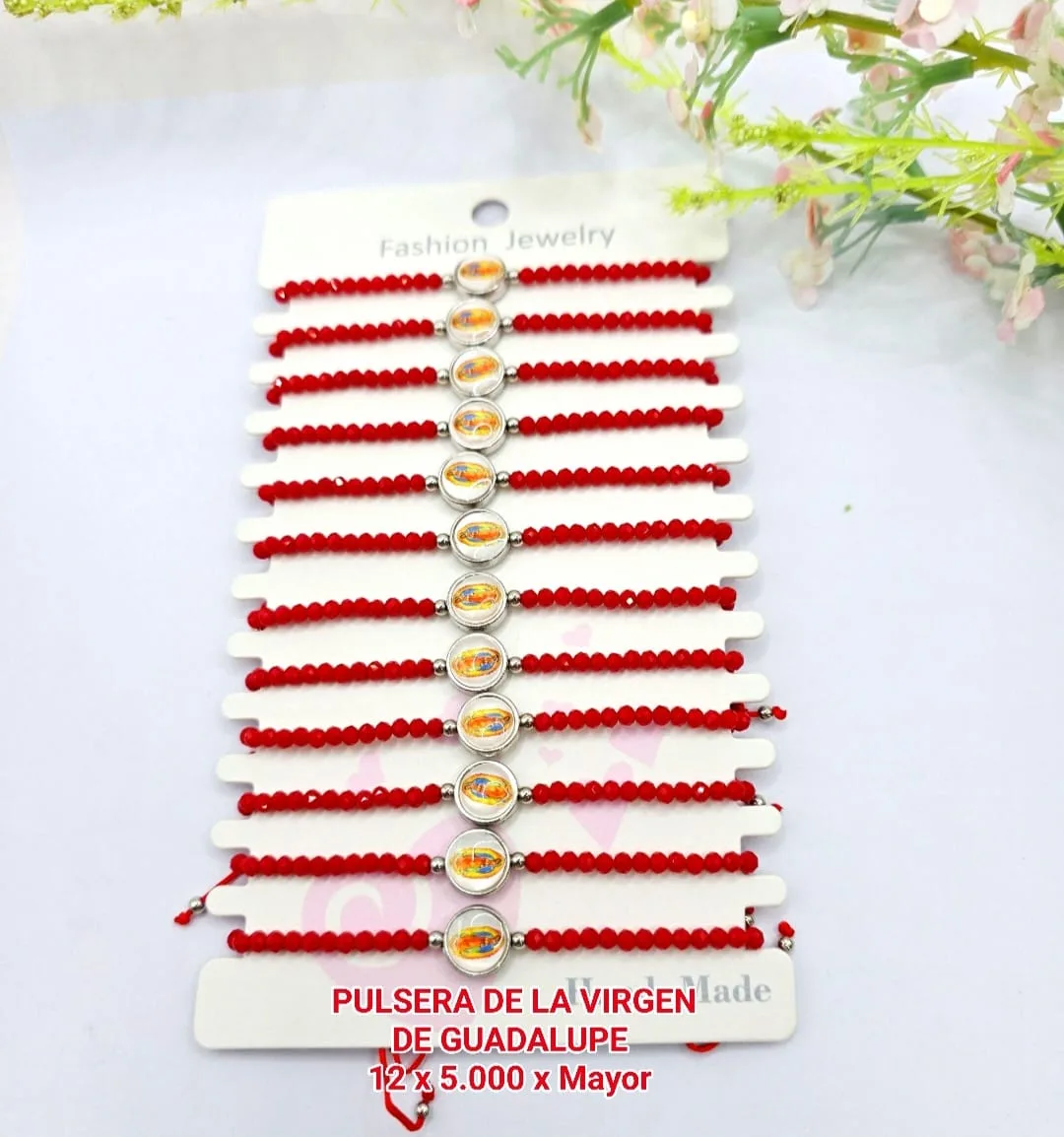 Pack 12 Pulsera Devocional de la Virgen de Guadalupe en Cristales Facetados Rojos con Medalla Resinada Central