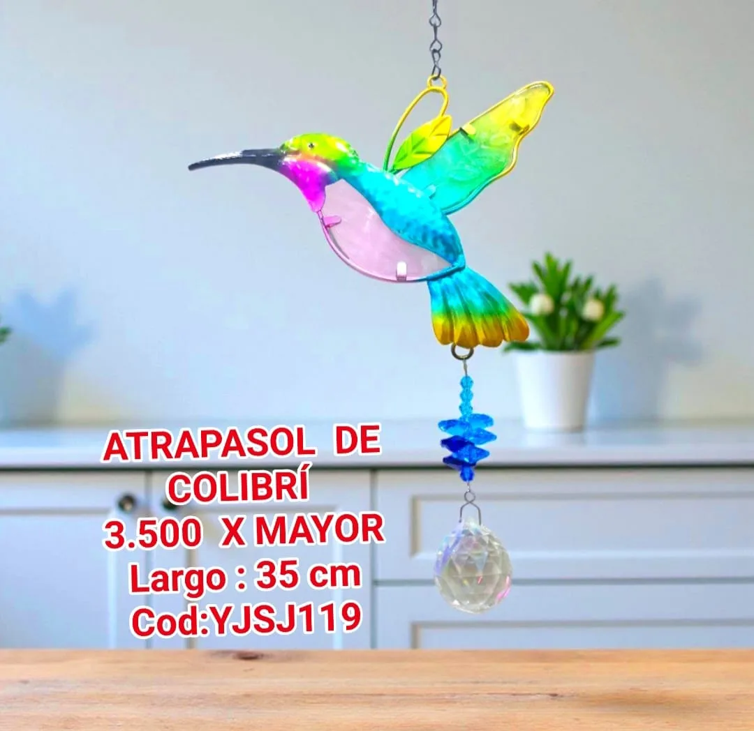 Atrapasoles Colgante Colibrí Artístico Tropical Multicolor con Esfera Prismática