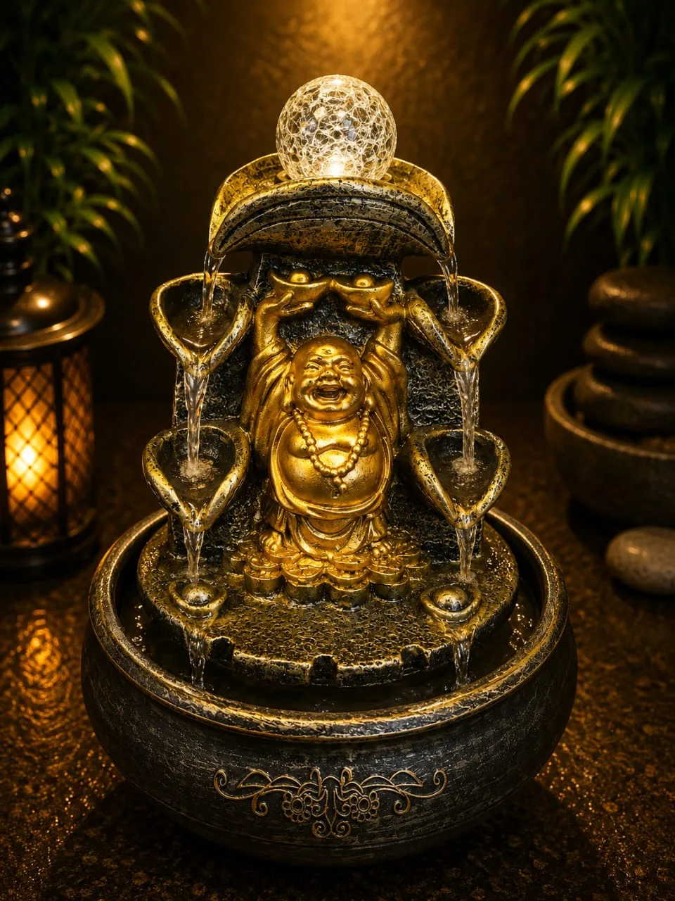 Fuente De Agua Buda Abundancia Cascada Cristal Led 20.5cm