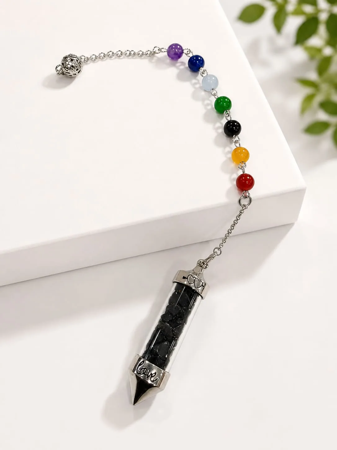 Péndulo 7 Chakras y Cuarzo Molido - Obsidiana