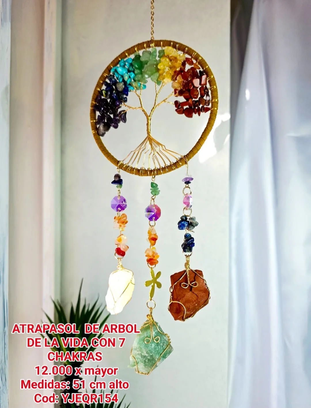 Atrapasoles Árbol de la Vida 7 Chakras con Piedras Naturales y Cuarzos en Bruto