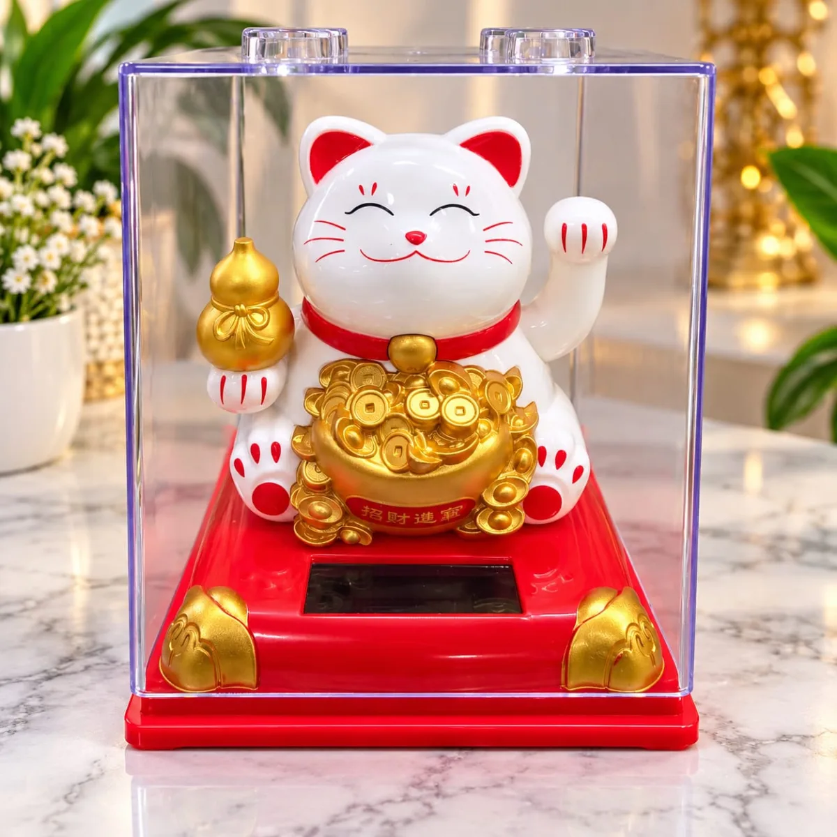 Gato de la Buena Suerte Blanco con Alcancía de Monedas (Solar)