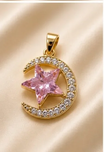 Colgante en Rodio - Luna con estrella rosada
