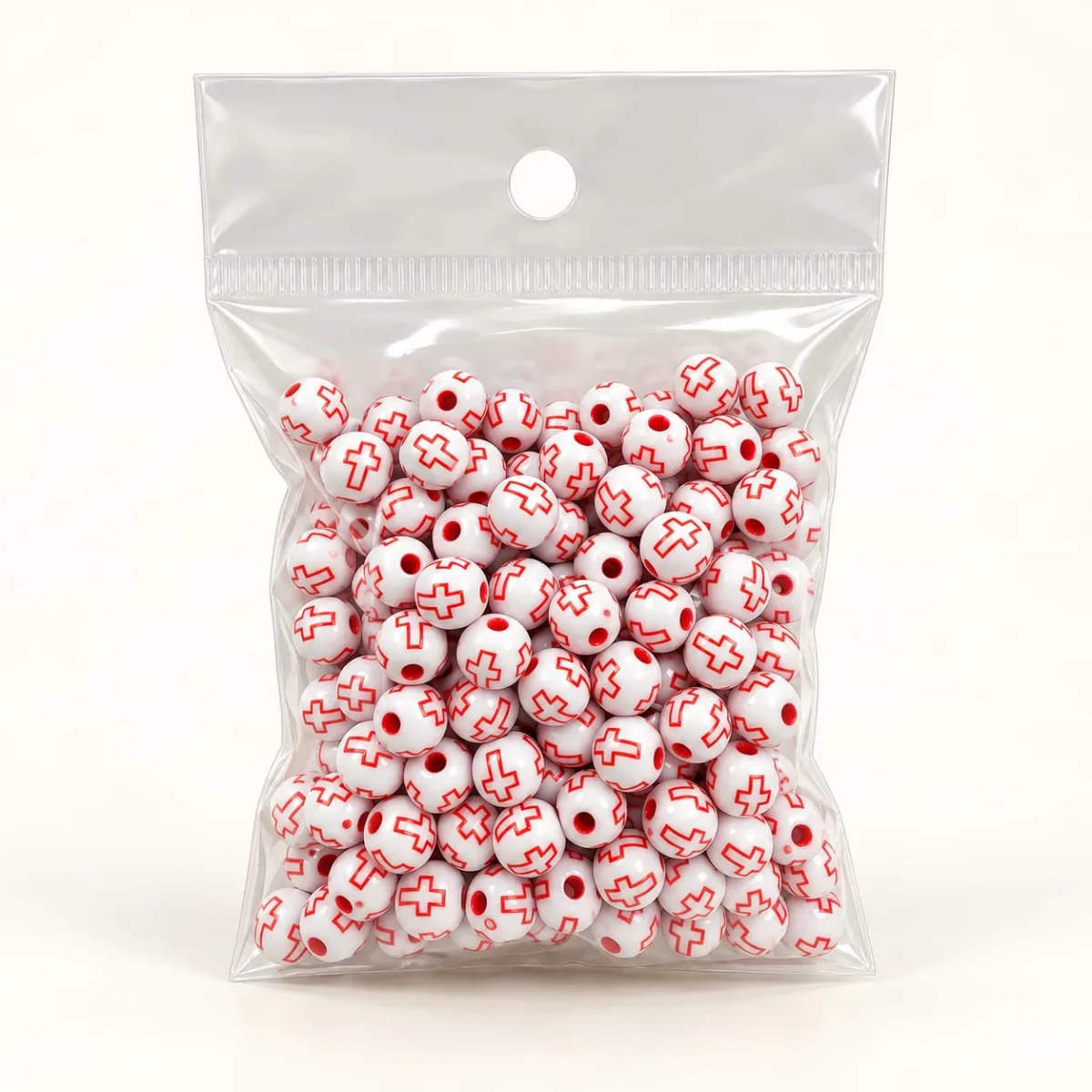 Cuentas Acrílicas Blanco con Diseño de Cruz Roja 8 mm