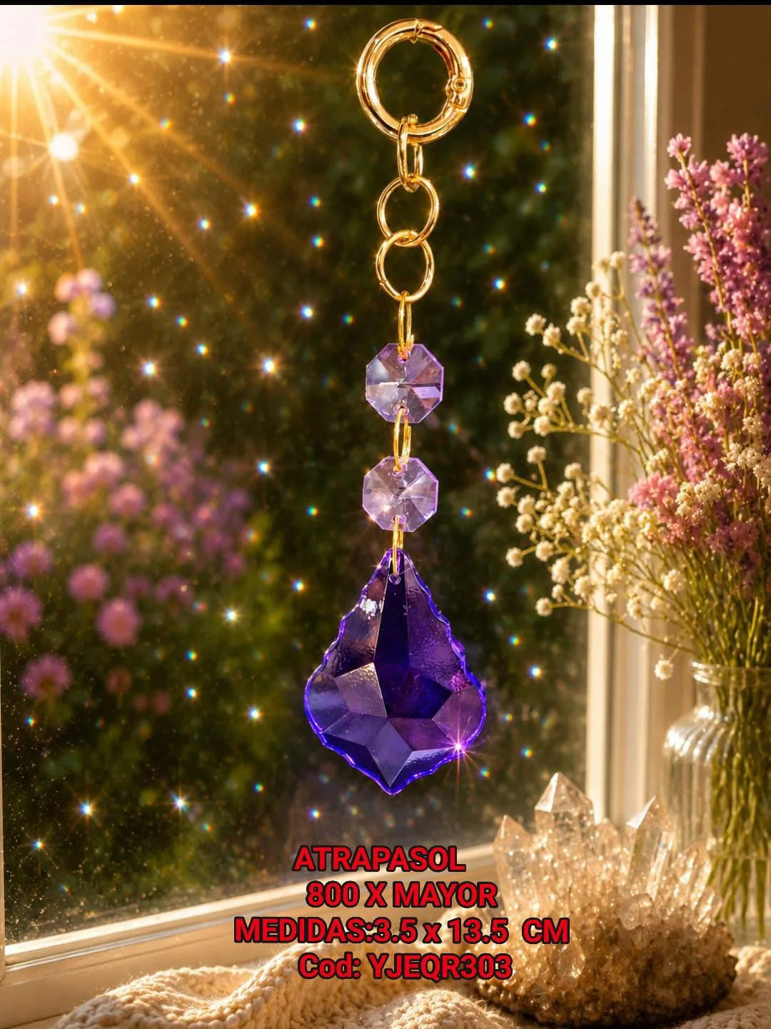 Atrapasoles Compacto de Cristal Violeta Amatista con Cuentas Facetadas y Gancho Dorado