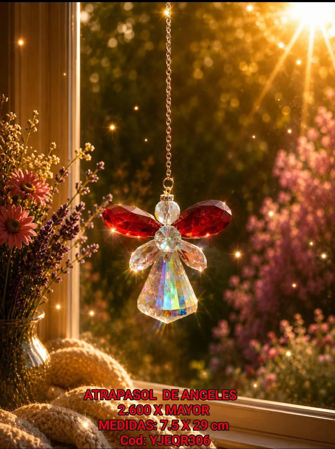 Atrapasoles Ángel Guardián de Cristal Facetado con Alas Rojo Rubí y Prisma Irradiante