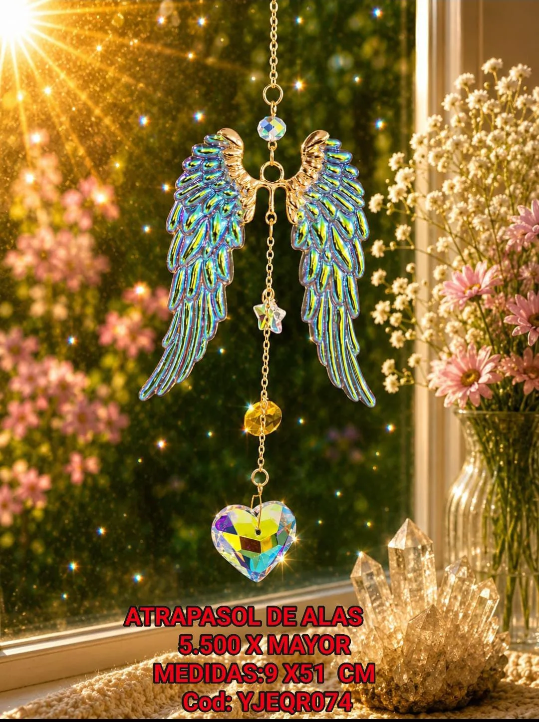 Atrapasoles Alas de Ángel Iridiscentes con Estrella de Cristal y Corazón Prismático