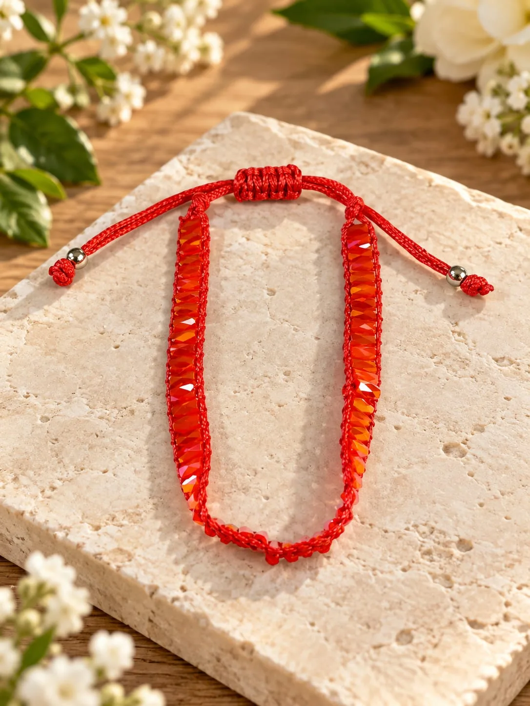 Pulsera de Cristal Rojo Iridiscente con Hilo Rojo