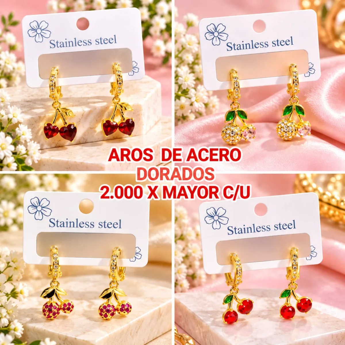 Aros de Acero Dorados con Cerezas