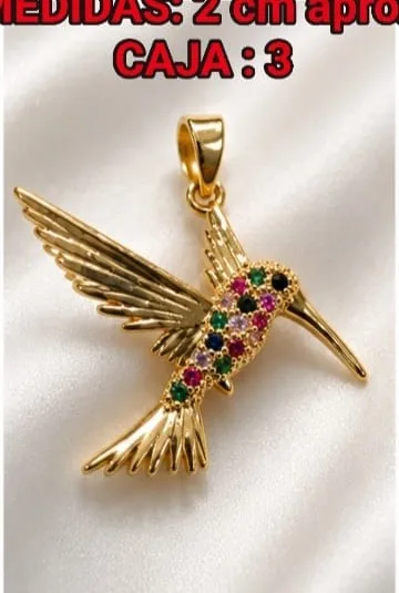 Colgante de Rodio - Colibri dorado con piedras rosa/verde