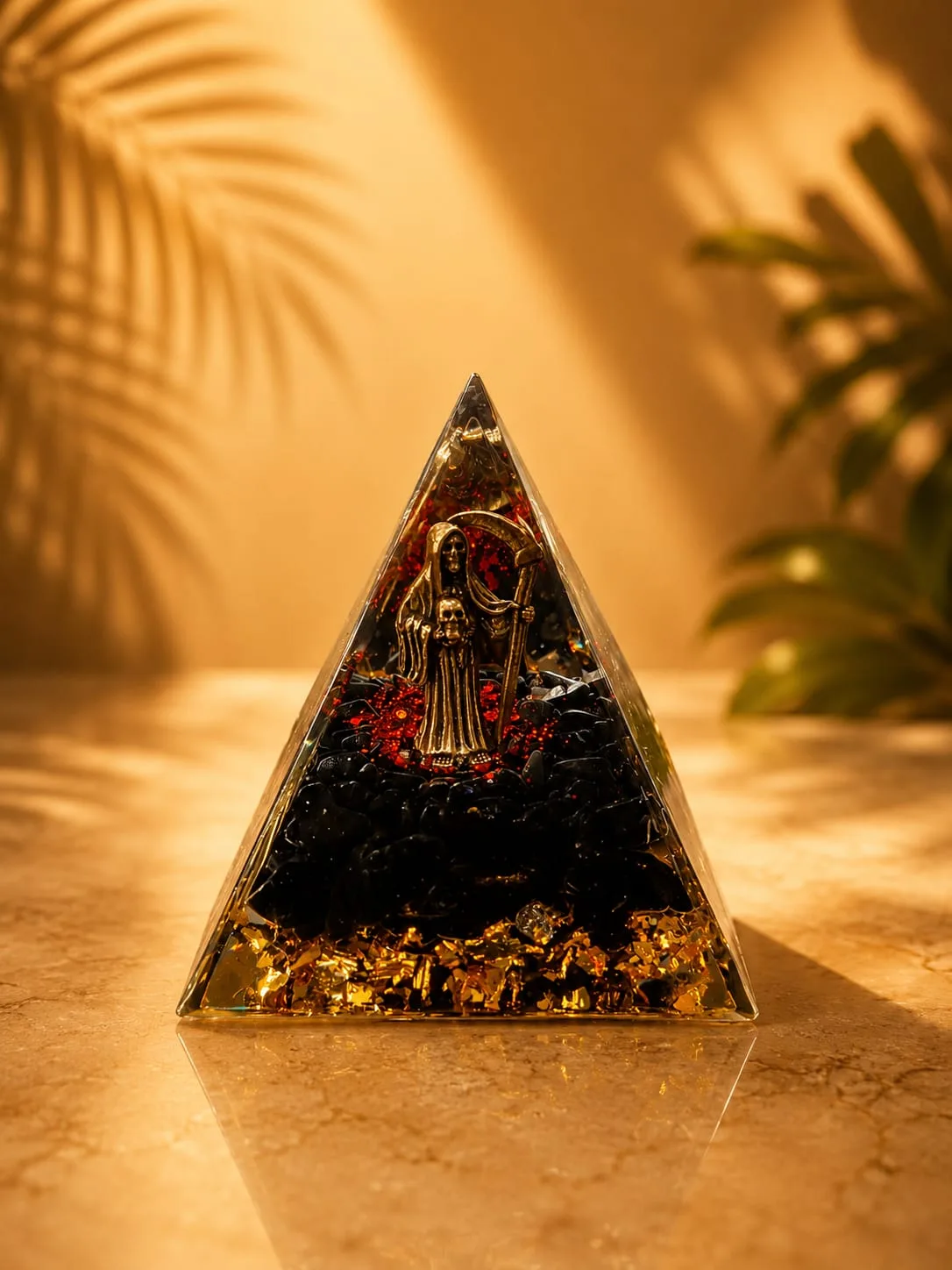 Pirámide de Orgonita o Orgón - Santa Muerte dorada - obsidiana y rojo