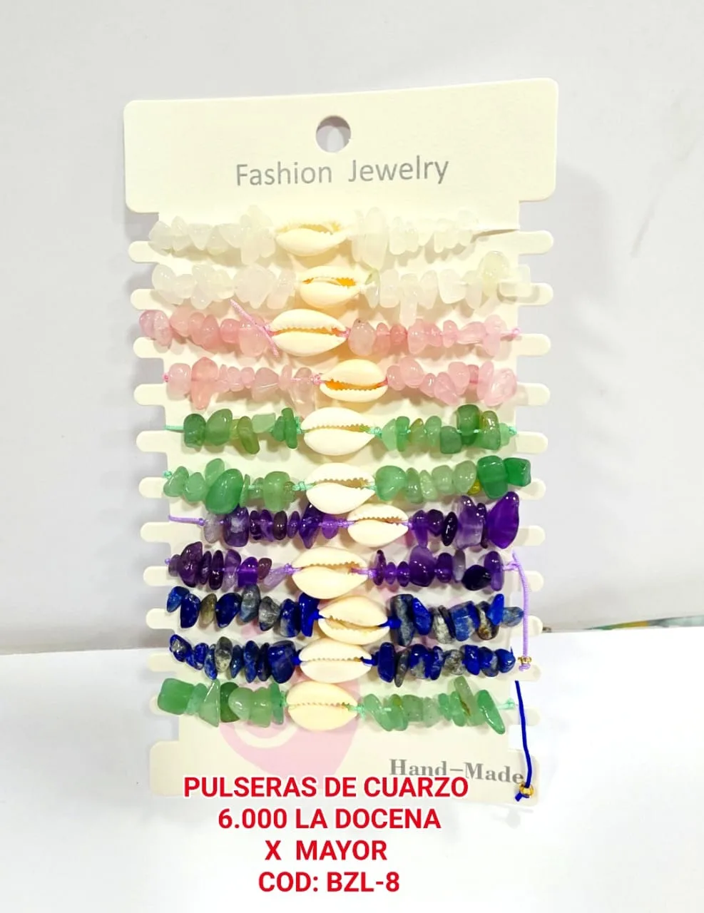 Pack 12 Pulsera Playera Holística con Concha Cauri y Chips Piedra de Cuarzo