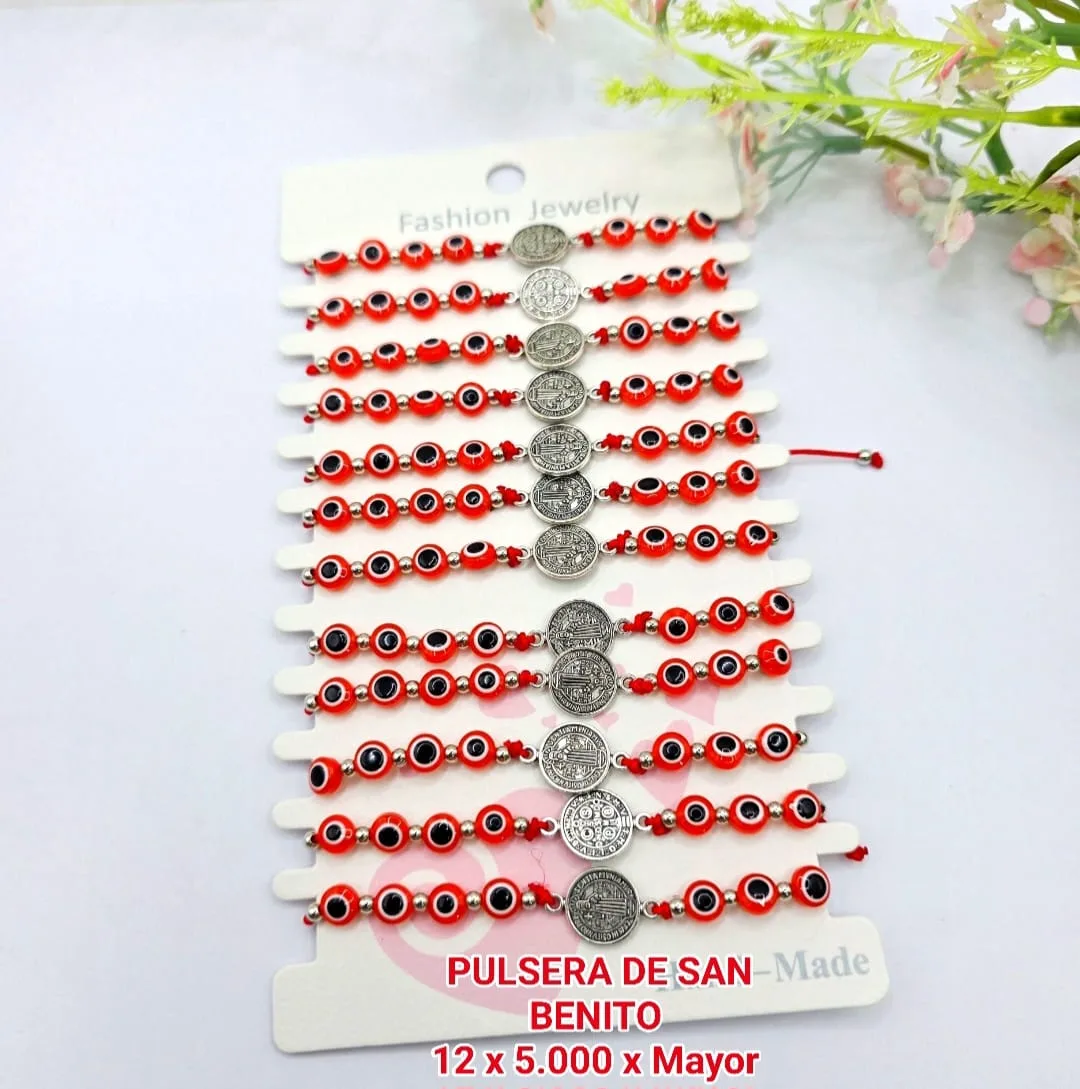 Pack 12 Pulsera Devocional de San Benito con Medalla Plateada y Cuentas de Ojo Turco Rojo