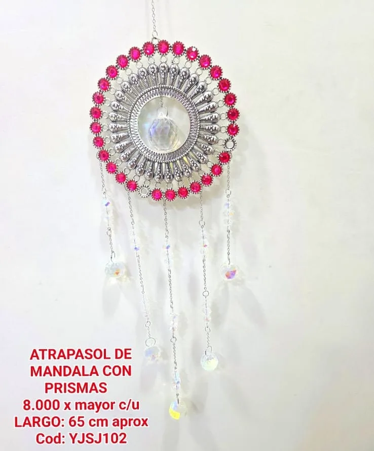 Atrapasoles Móvil Mandala Plateado de Lujo con Incrustaciones Rosa Fucsia, Esfera Iridiscente y Caídas Prismáticas