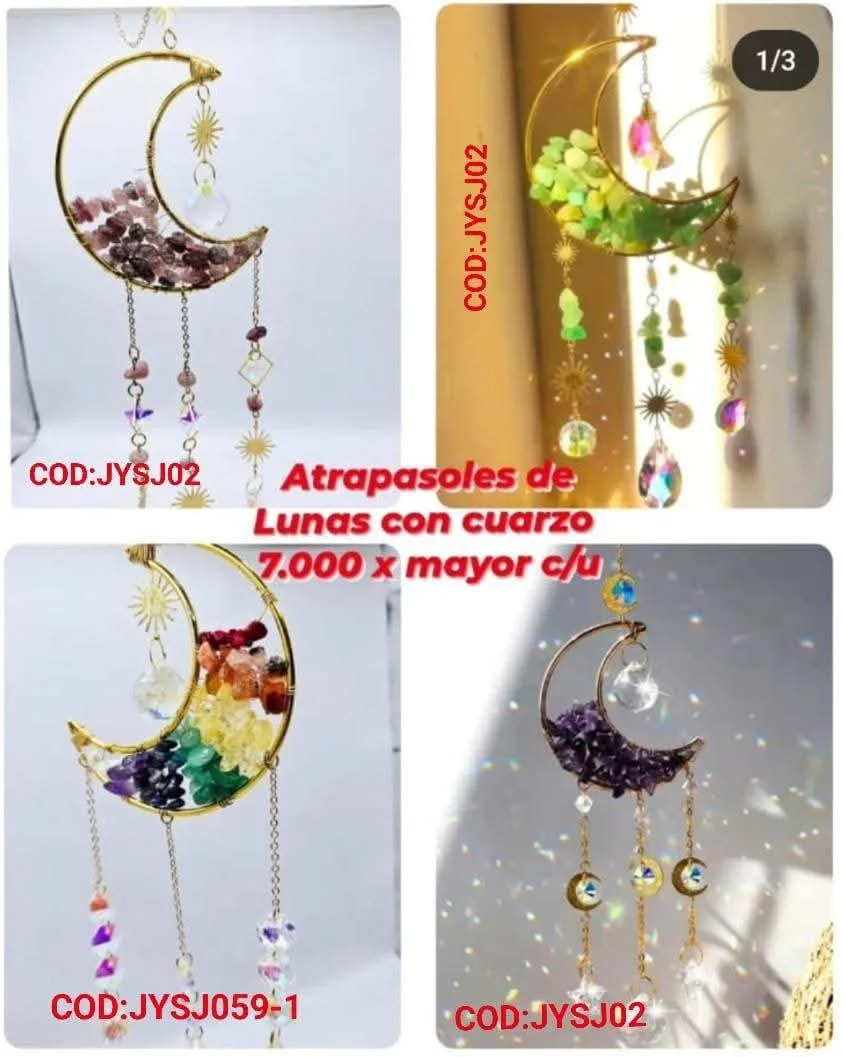 Atrapasoles Medialuna de Alambre Dorado con Piedras de Cuarzo Natural, Soles Astrales y Prismas Iridiscentes