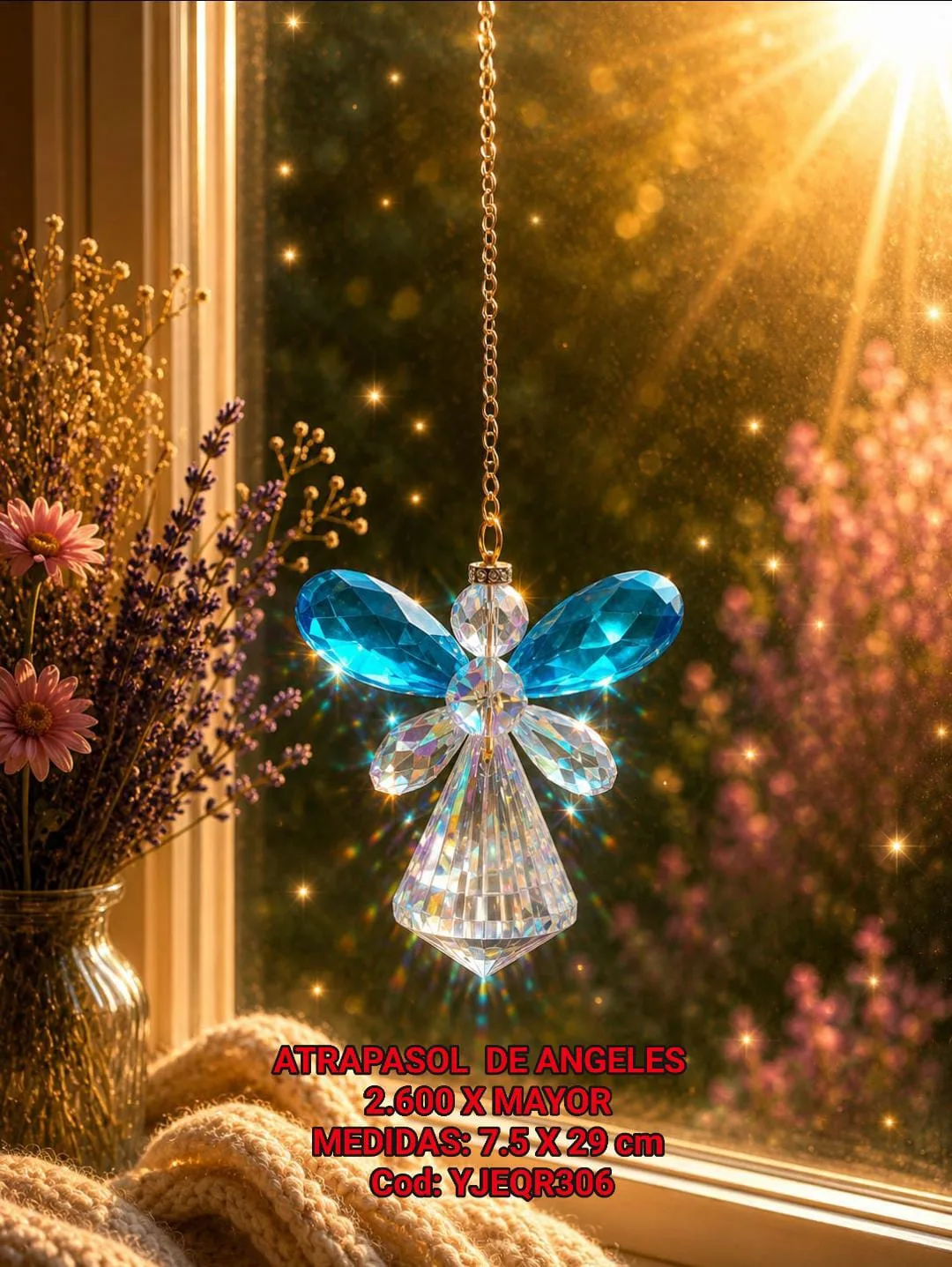 Atrapasoles Ángel Guardián de Cristal Facetado con Alas Azul Turquesa y Prisma Irradiante