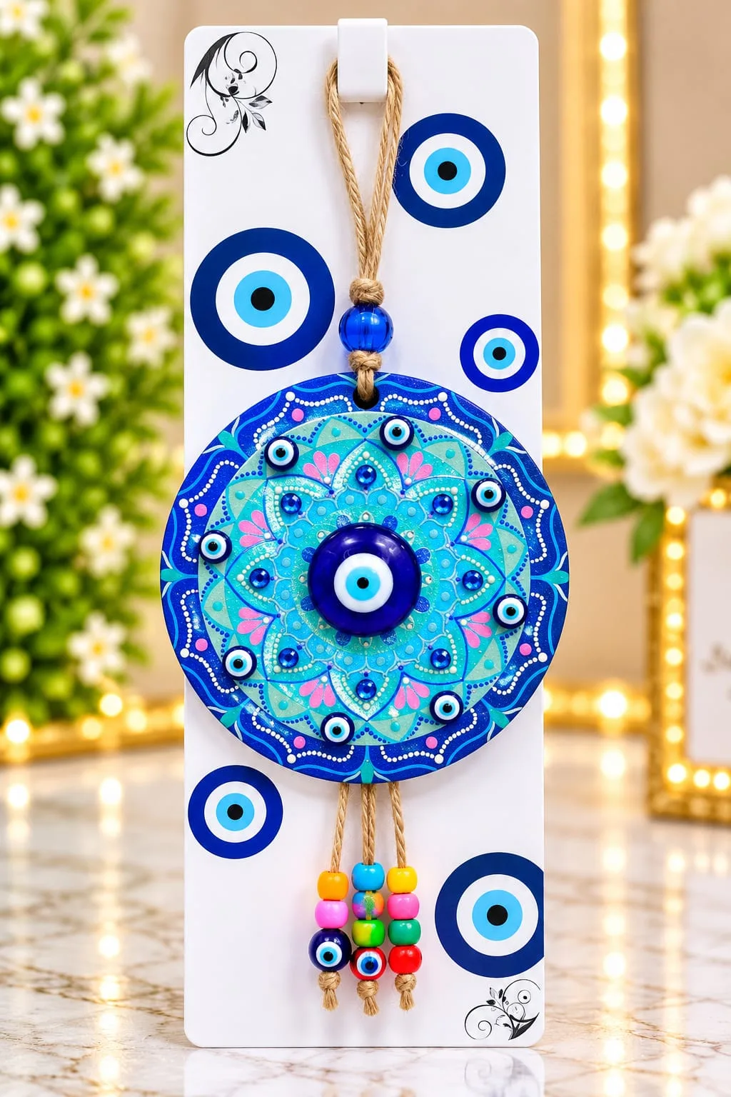 Colgante Mandala con Ojo Turco Celeste y Rosado