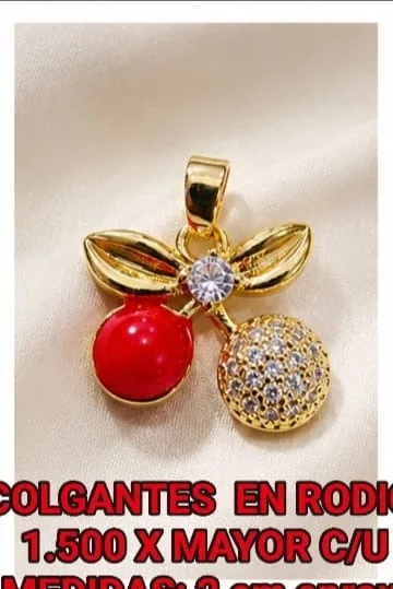 Colgante de Rodio - Cereza dorada con piedra roja