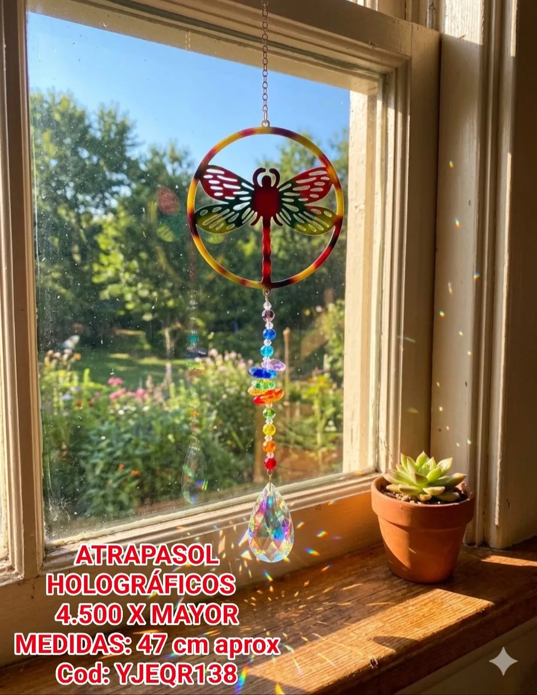 Atrapasoles Holográfico Libélula Multicolor con Piedras, Cuentas de 7 Chakras y Prisma Iridiscente