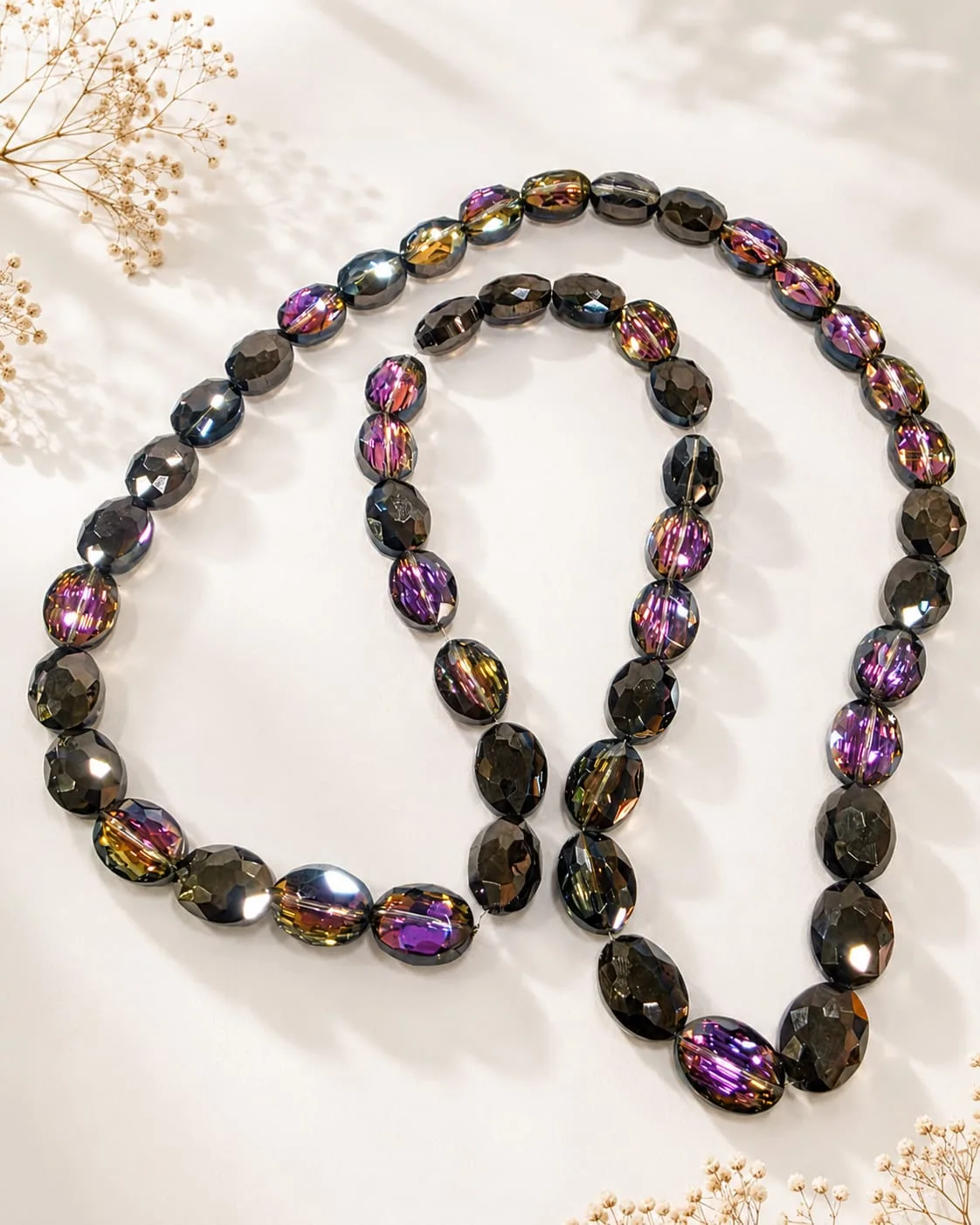 Cuentas de Vidrio Ovaladas Negro y Morado Multicolor
