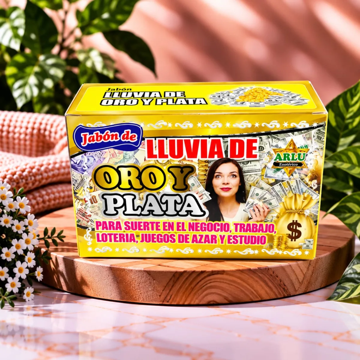 Jabón Esotérico Lluvia de Oro y Plata Caja Amarilla Glitter