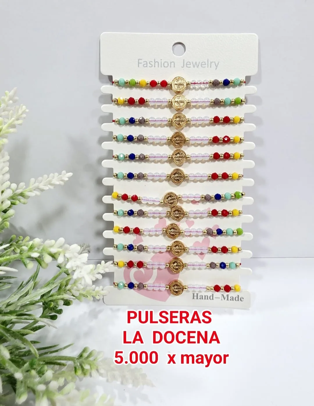 Pack 12 Pulsera Protectora de San Benito Dorada con Cristales Facetados Multicolor (7 Chakras) y Cuentas de Cristal Opalino