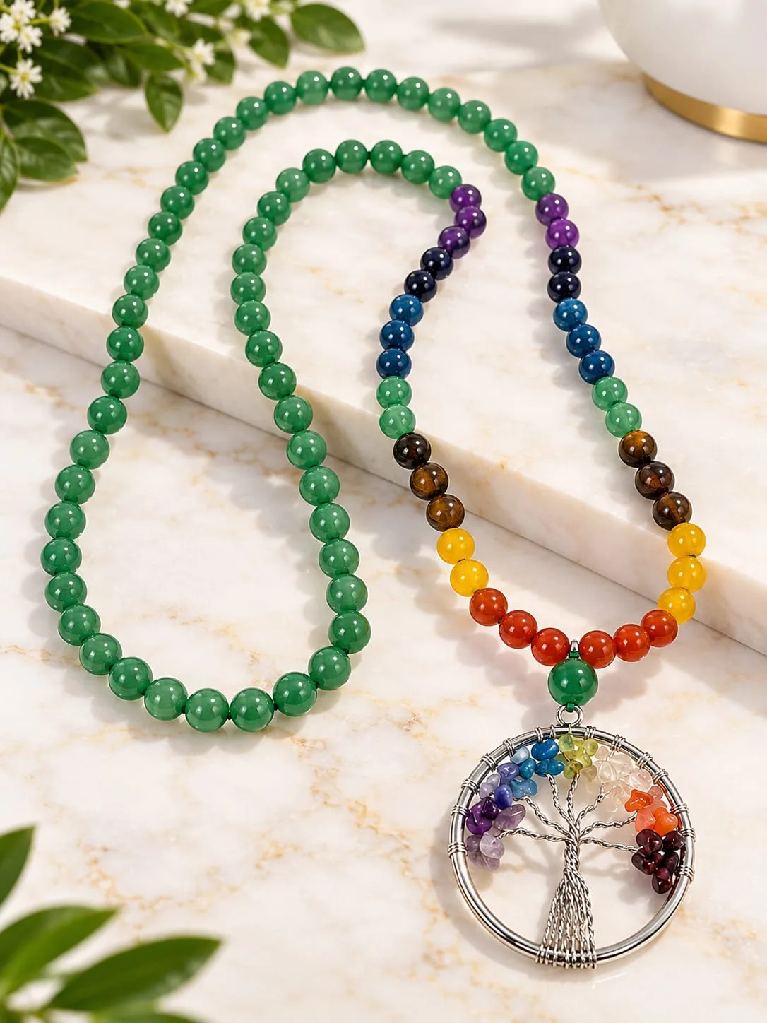 Set de Collares Aventurina Verde y Árbol de la Vida 7 Chakras
