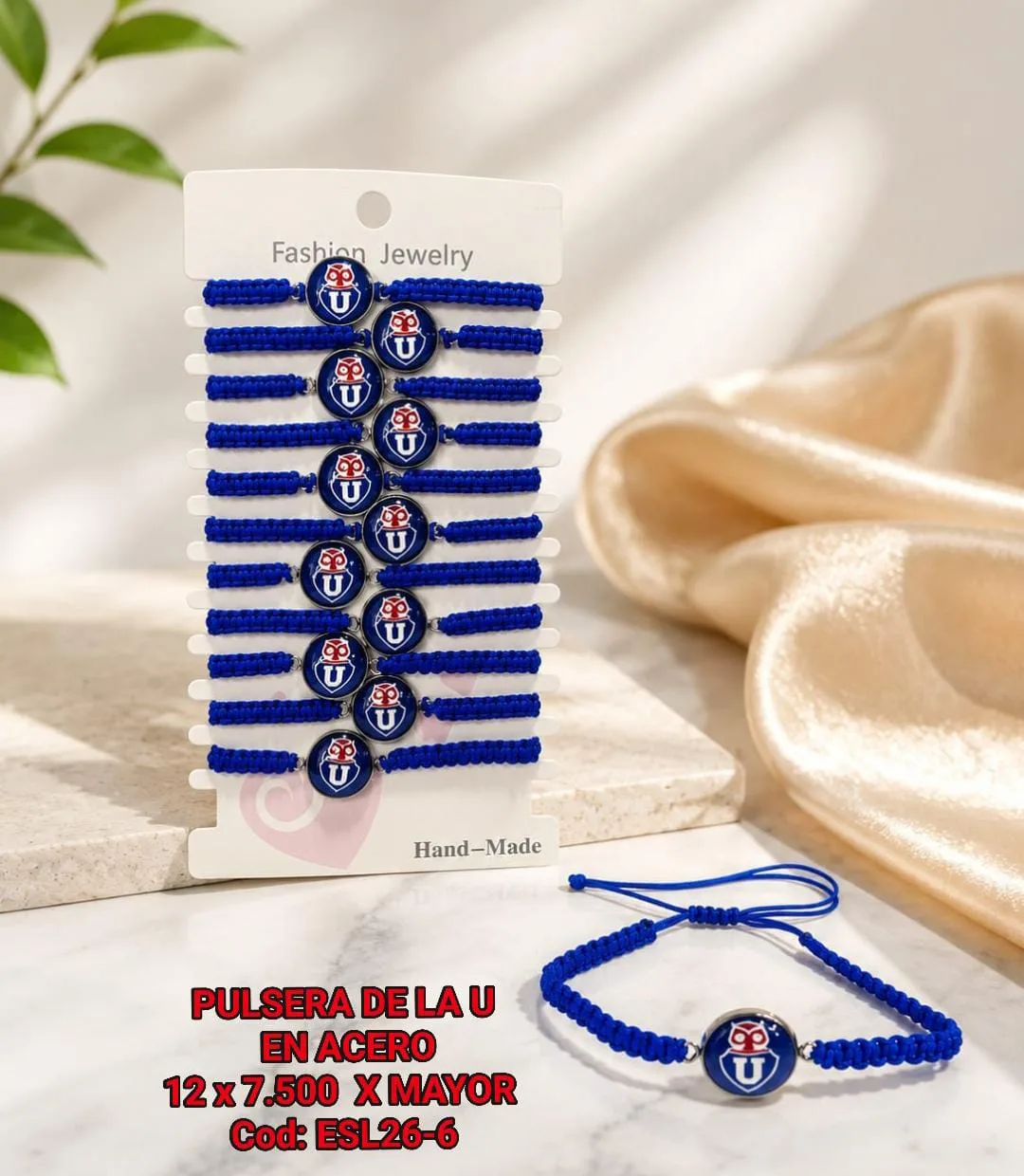 Pack 12 Pulsera Futbolera Universidad de Chile Tejida en Macramé de Hilo Azul con Dije Circular de Acero